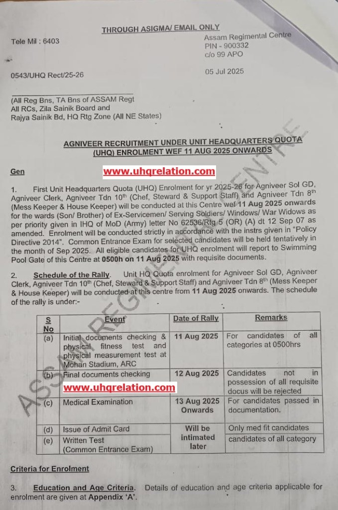 Assam Regiment Centre Shillong Relation Bharti 2025