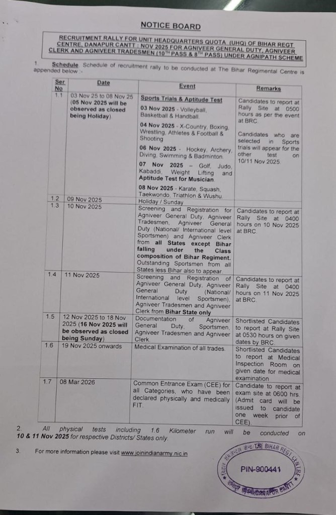 Bihar Regiment Centre Relation Bharti 2025