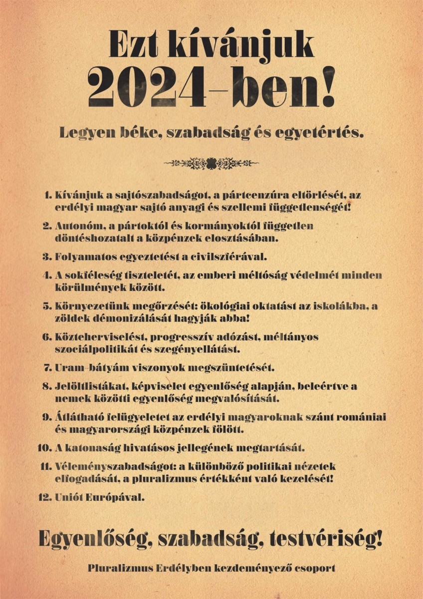 Pluralizmus Erdélyben kezdeményező csoport: Ezt kívánjuk 2024-ben!