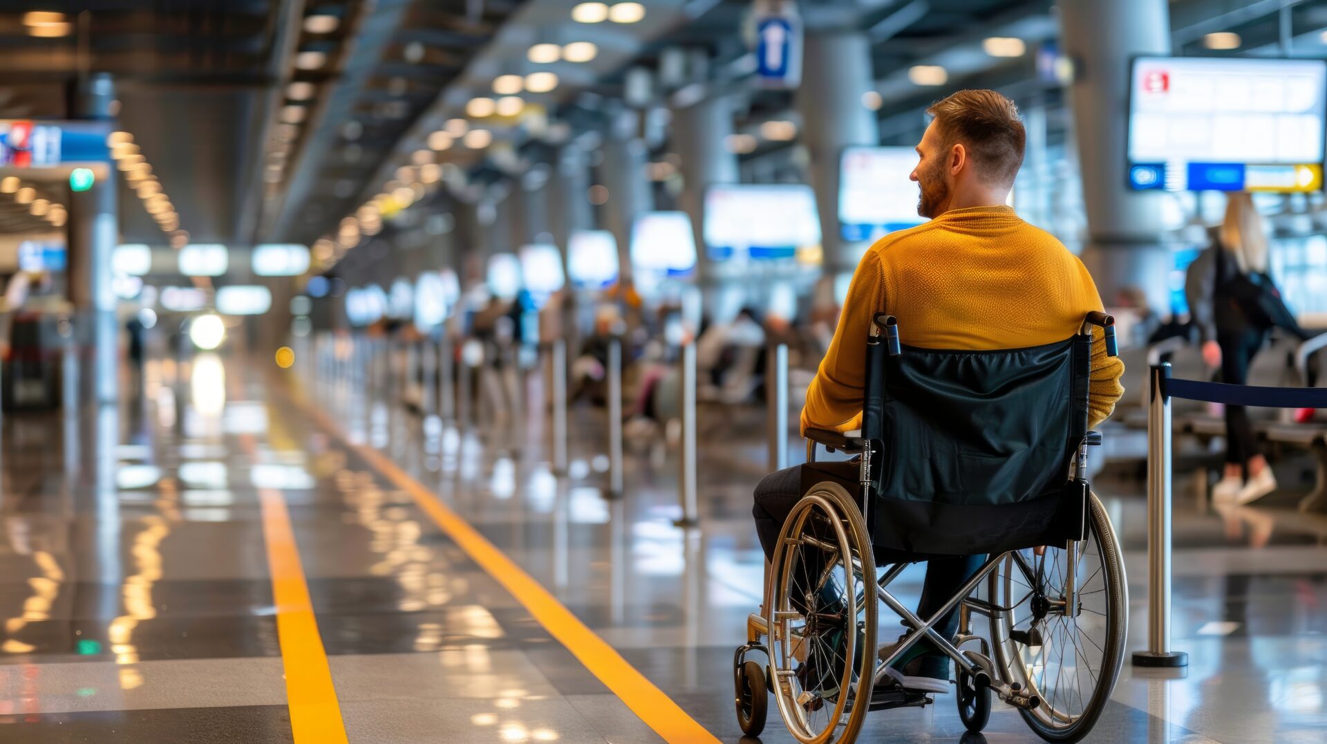 Man in wheelchair waiting at a busy airport terminal,