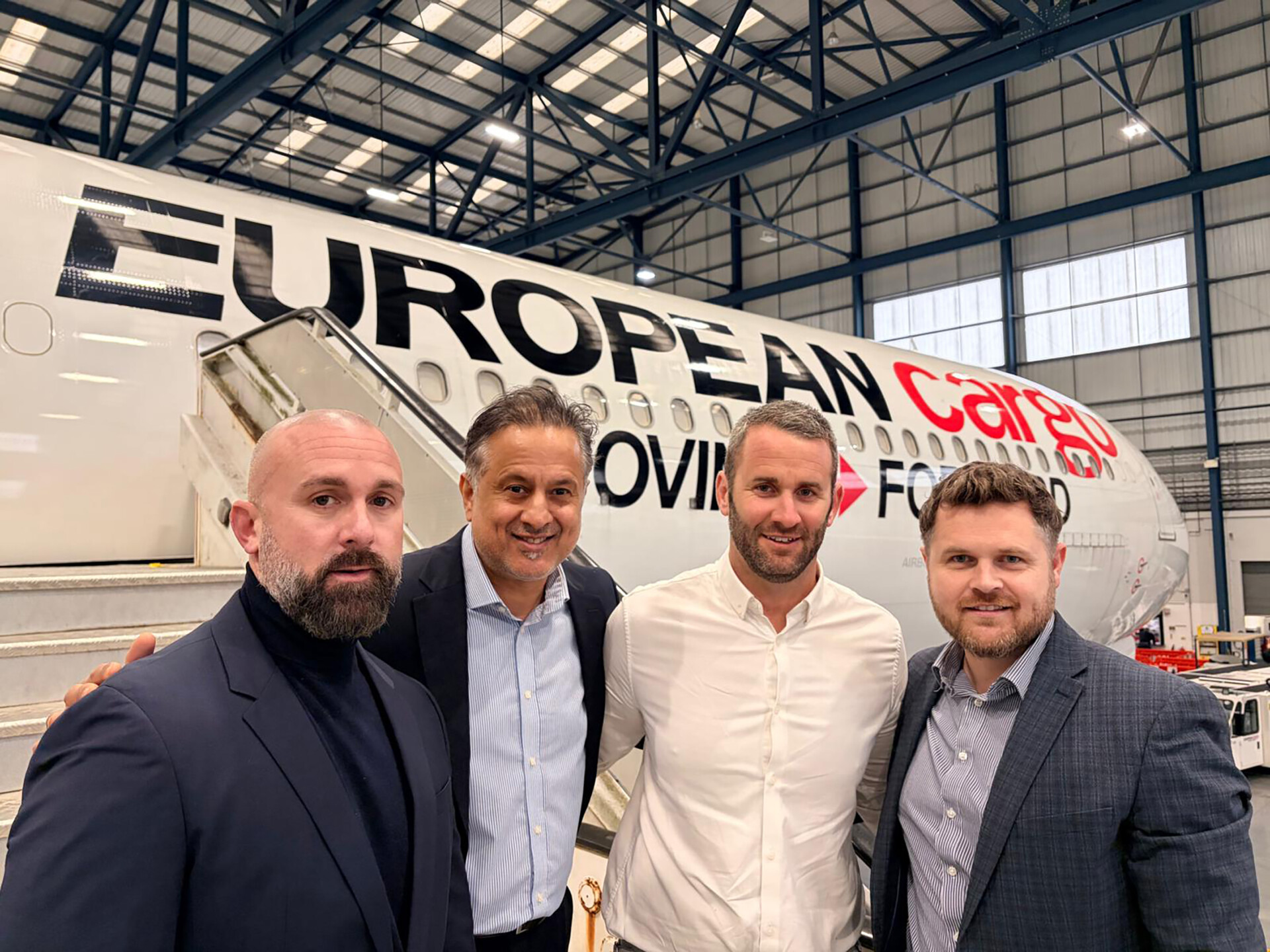 L -R: Lee Jones, European Cargo Chief Commercial Officer, Bob Matheroo, Teesside International Airport Head of Cargo, Iain Edwards, European Cargo Chief Commercial Officer, Phil Forster, Teesside International Airport Managing Director.