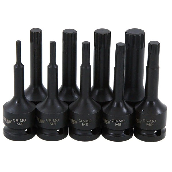 9 Piece 1/2" Drive 75mm Long Impact Spline Socket Bit Set