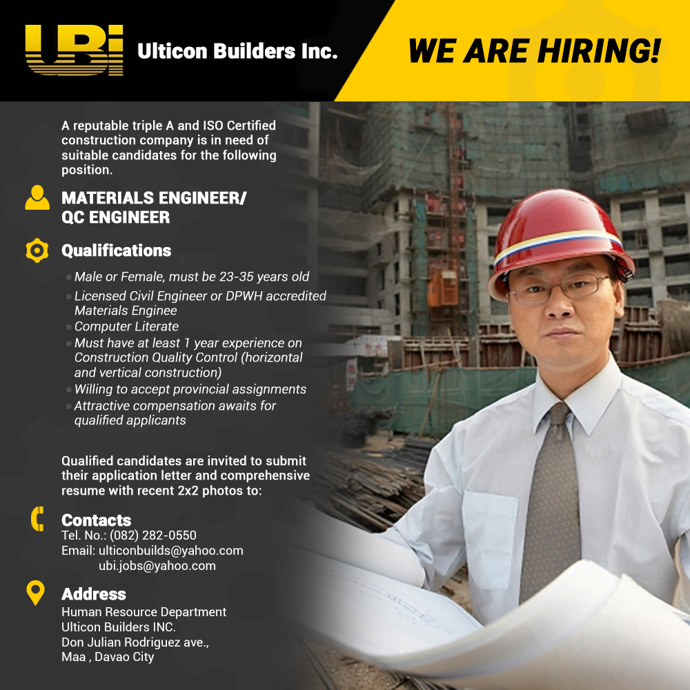 Now Hiring Materials Engineer Qc Engineer Ulticon Builders