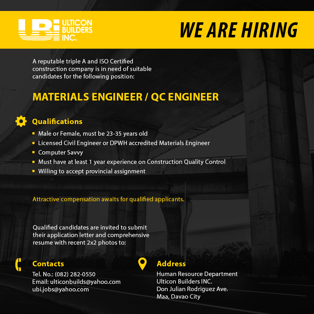 Now Hiring Materials Engineer Qc Engineer Ulticon Builders