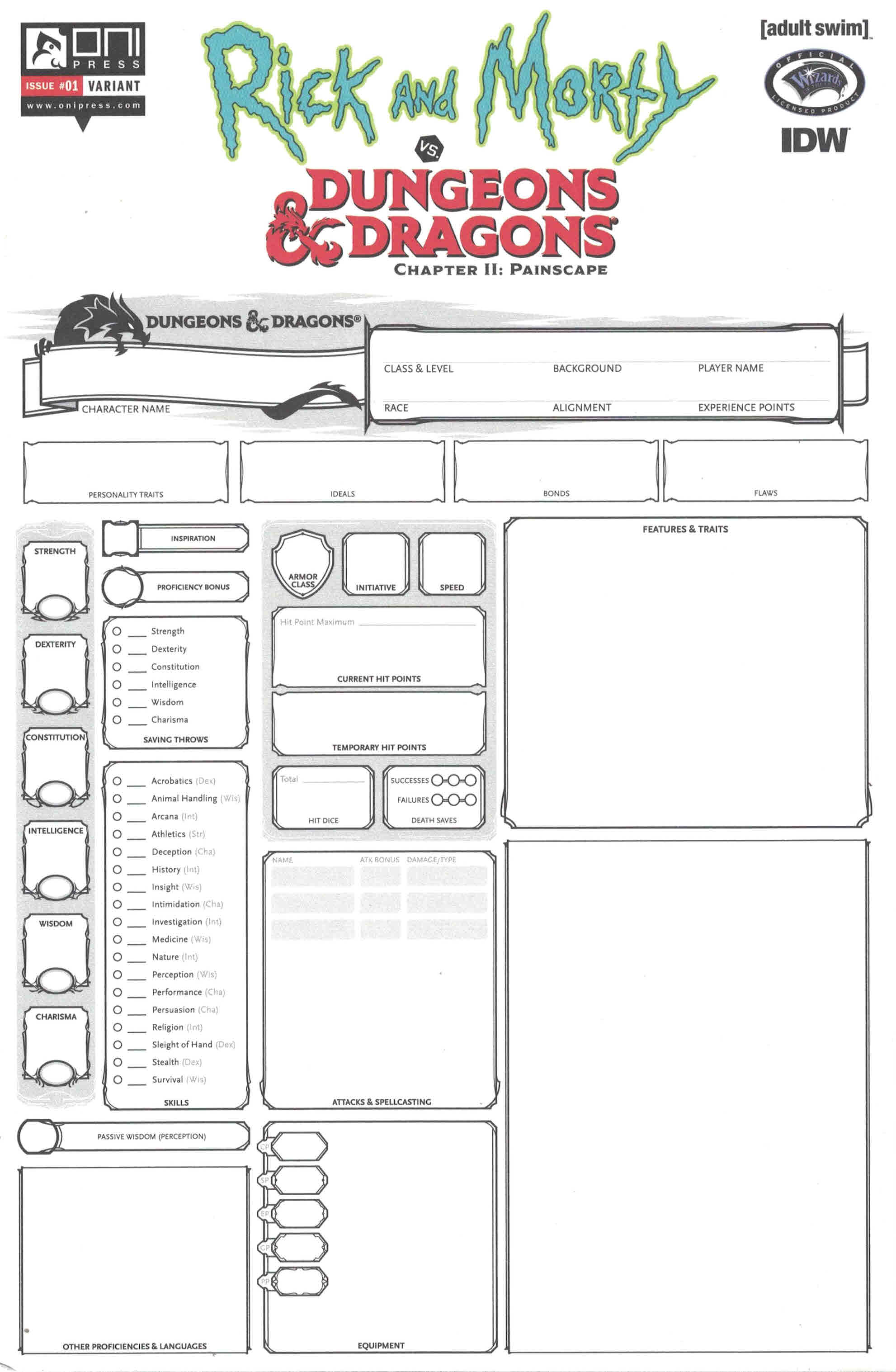 Rick & Morty vs Dungeons & Dragons Chapter 2 Painscape #1 Blank Character Sheet
