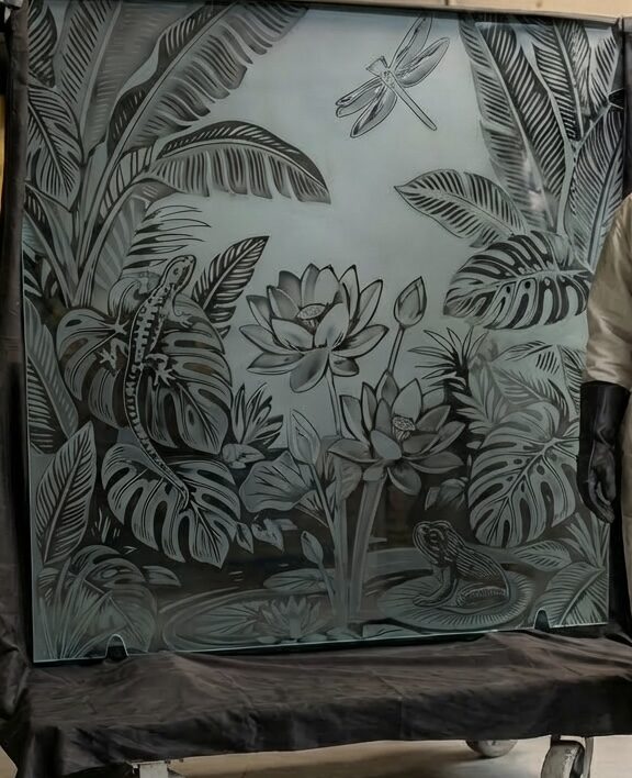 Art Hand-Carved Botanical Glass Panel