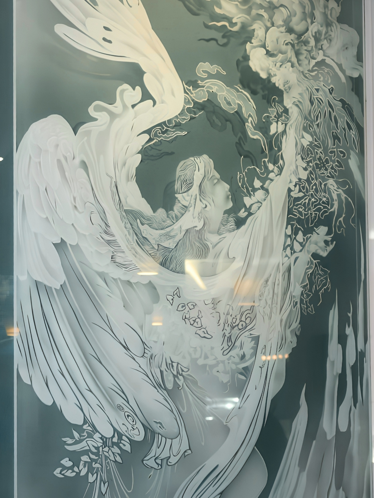 Fine art figurative design hand-etched into glass panel Las Vegas