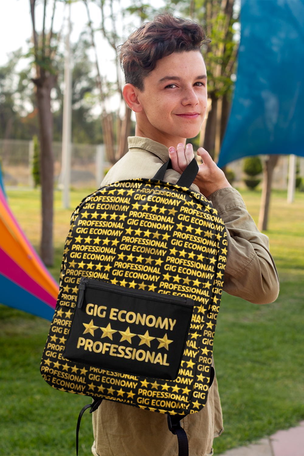 Backpack. “Gig Economy Professional.” Dress like a gig pro. Fashion and décor for gig workers and side hustlers. Remind your customers about the all-important five-star rating.