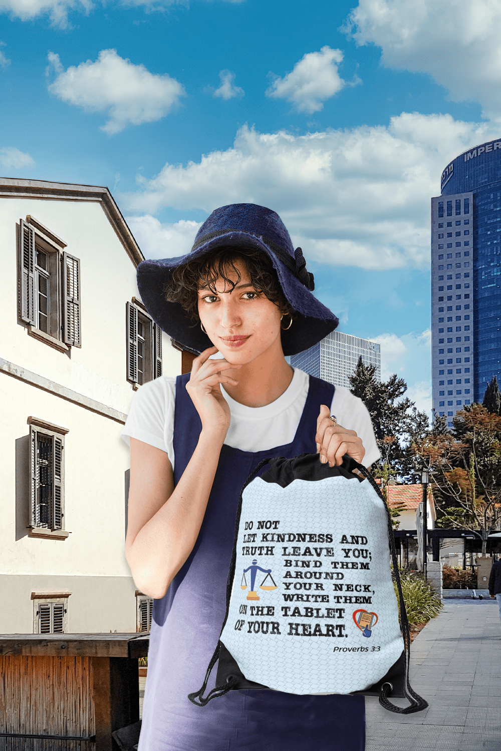 Jewish Art. Drawstring Bag. “Do not let kindness and truth leave you; bind them around your neck, write them on the tablet of your heart. Proverbs 3:3.” Express your support for these universal words of wisdom.