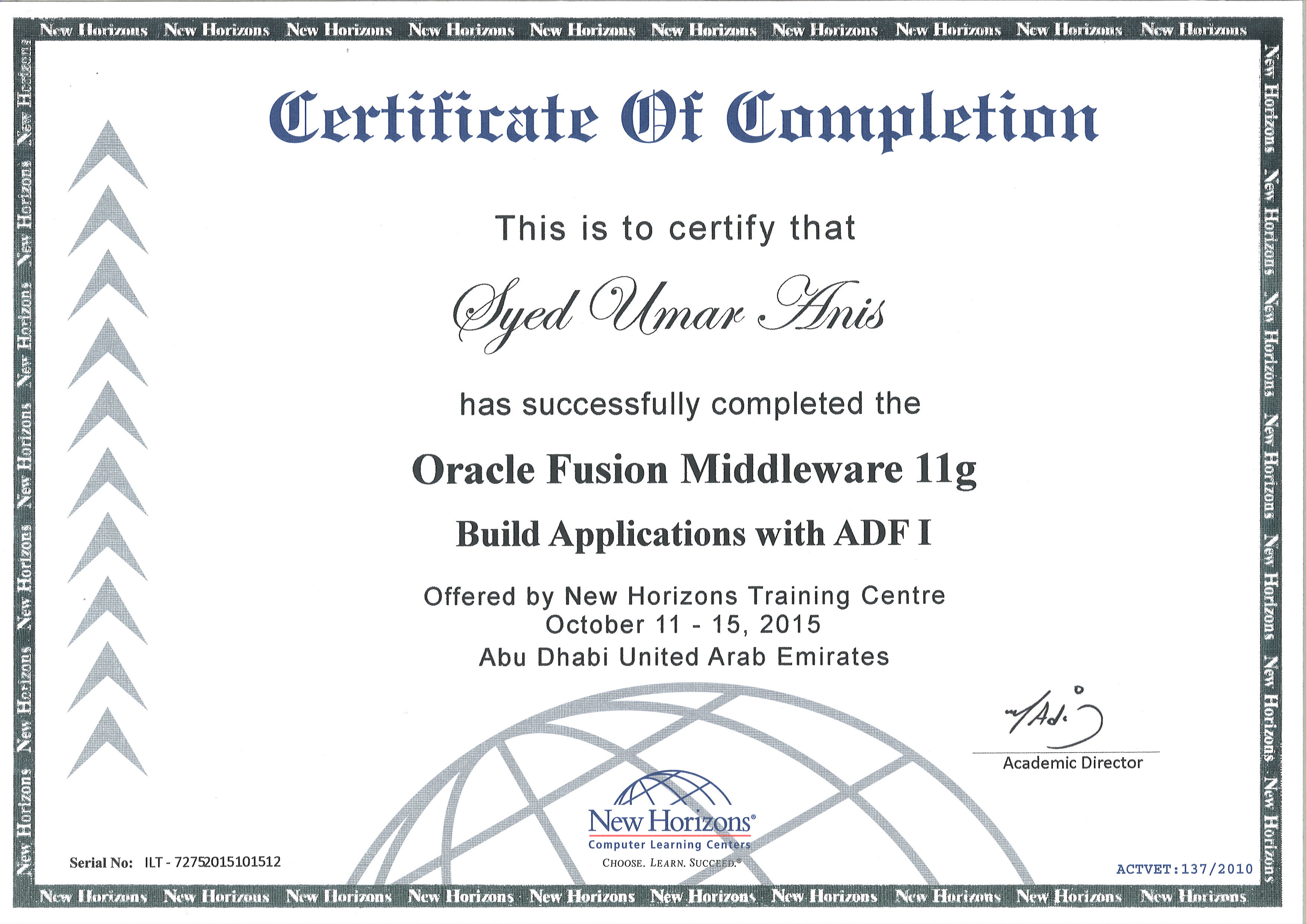 New Horizons - Oracle Fusion Midleware 11g - Build Applications with ADF - Certificate