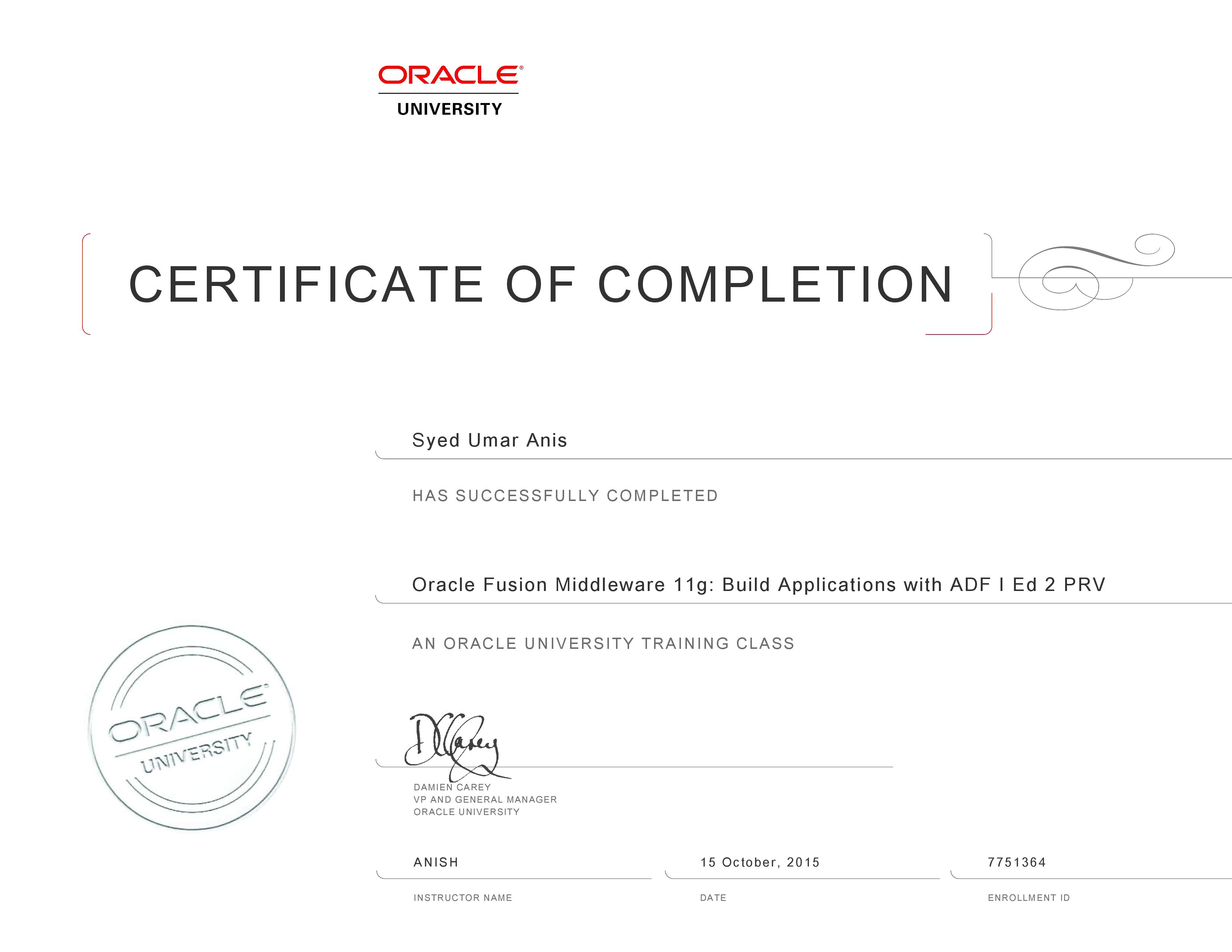 Oracle Fusion Midleware 11g - Build Applications with ADF - Certificate