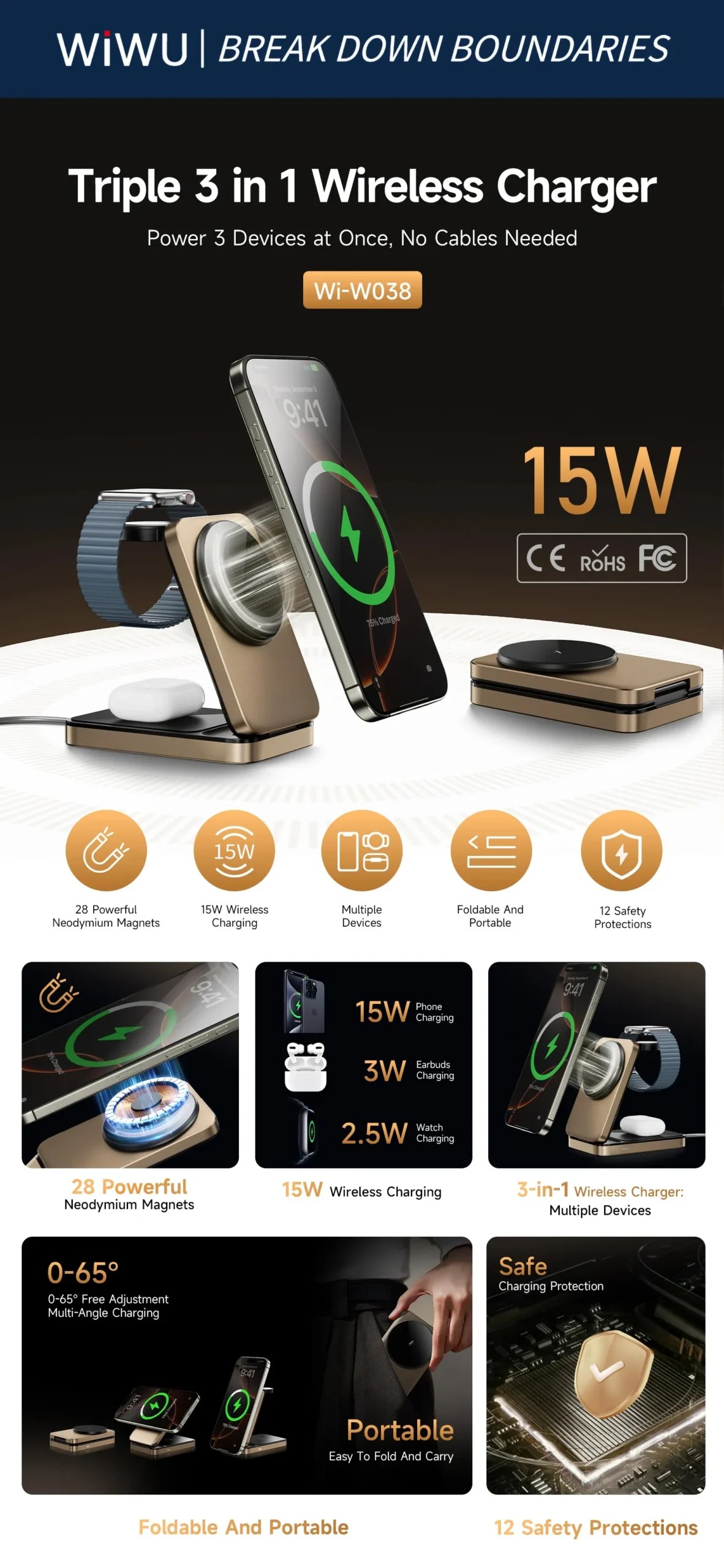 WiWU Wi-W038 3-in-1 Magnetic Wireless Charging Station