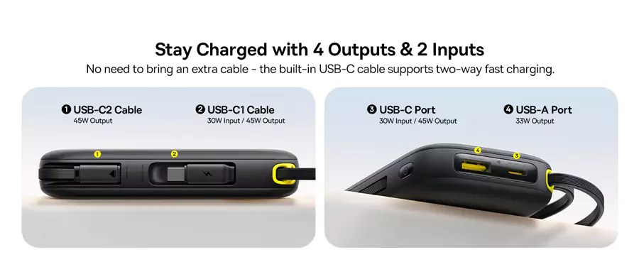 Baseus QPow 3 45W EnerFill FC31 20000mAh Power Bank with Built-in Type C & Lightning Cable