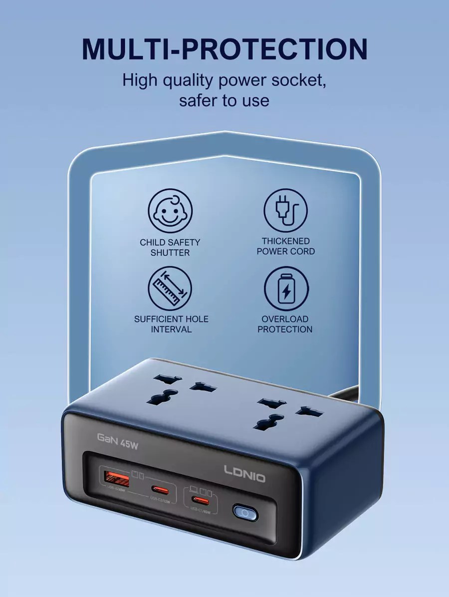 LDNIO SC1 45W Universal Socket Desktop Power Strip Adapter