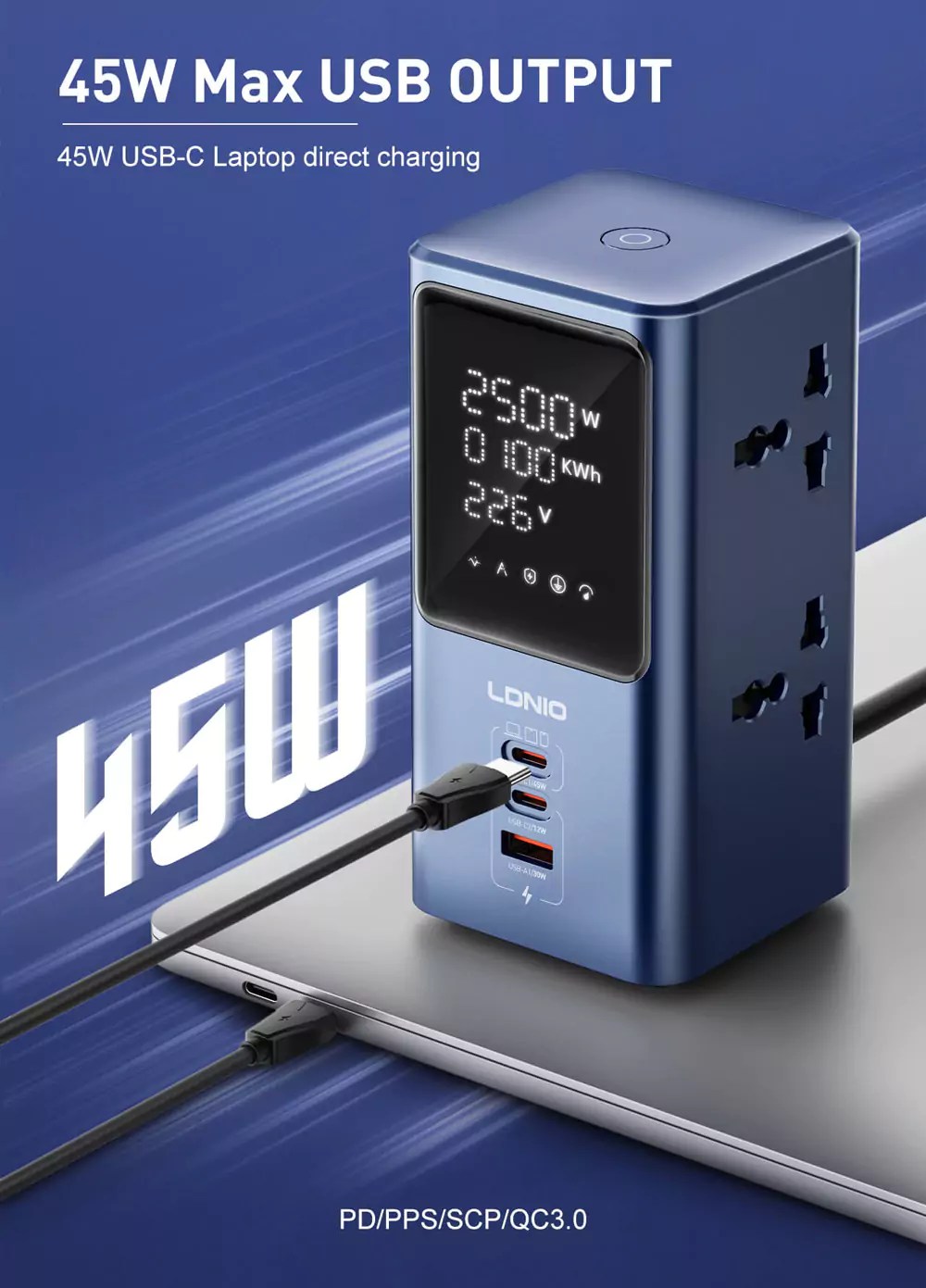 LDNIO SC2 45W Universal Desktop Power Strip with LED Display