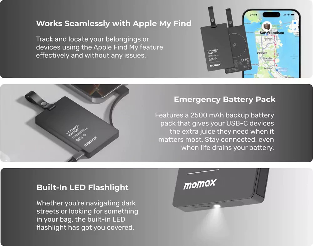 MOMAX 1-Power Badge+ 2500mAh Emergency Power Bank With Find My Locator