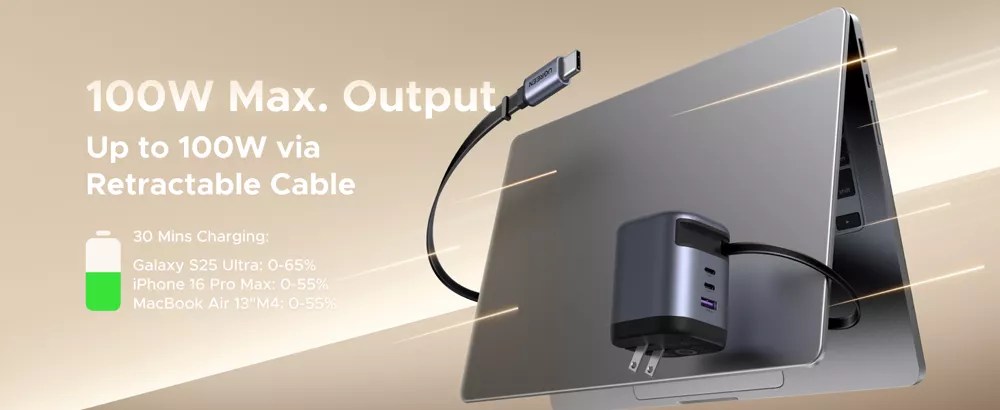UGREEN Nexode 100W Charger with Retractable USB-C Cable