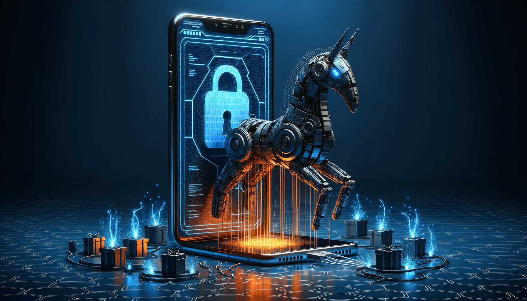 Gráfico conceptual de un teléfono móvil y un caballo de troya.