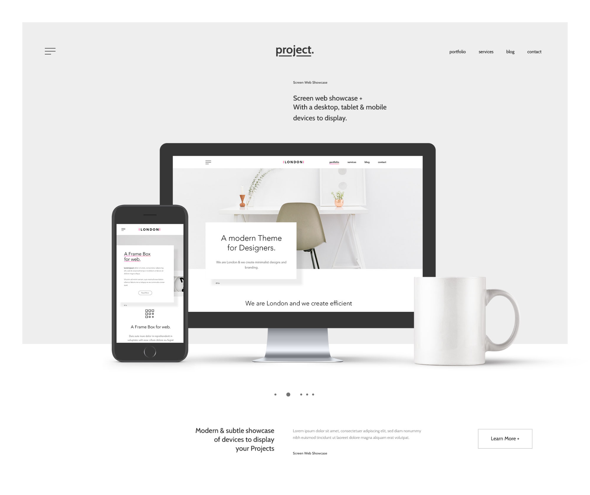 A complete website header with devices mockups for showcasing your designs. Free Minimal Web Showcase Mockup Psd