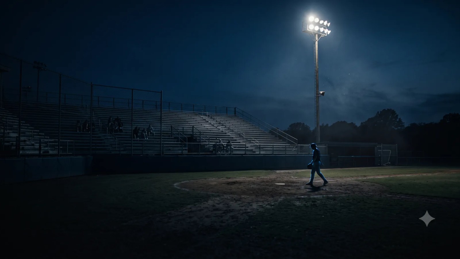 Baseball player walking alone across a quiet field at night under a single light tower