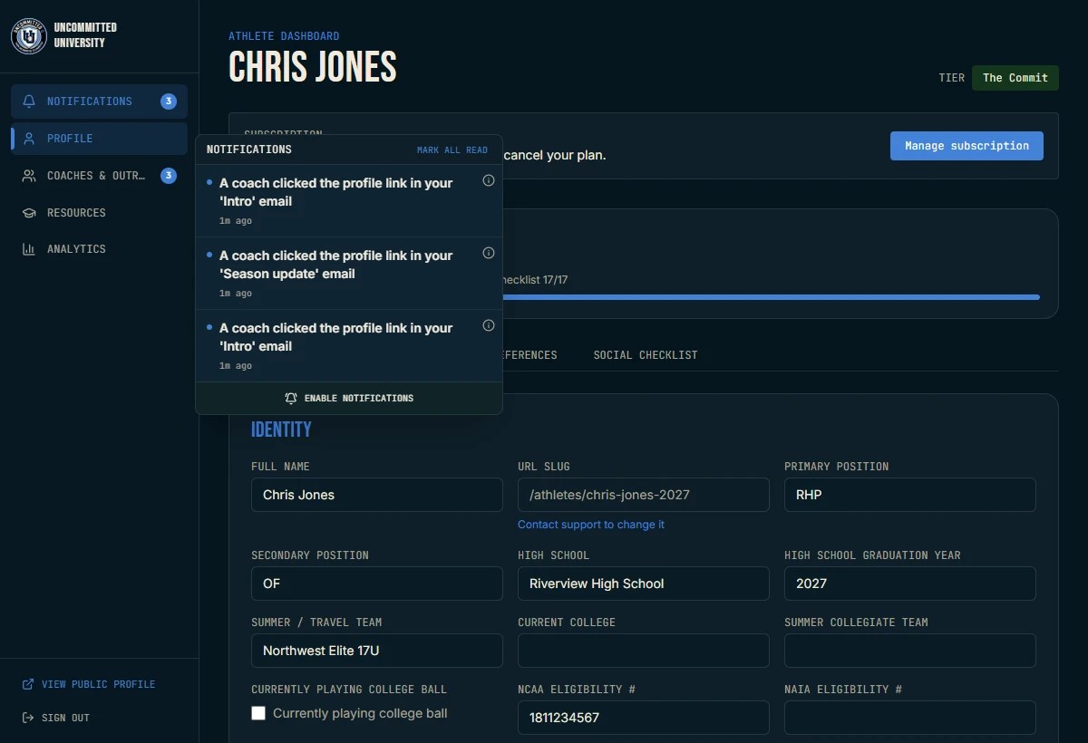 The athlete dashboard with the notifications panel open, the bell showing three unread, and entries reading "A coach clicked the profile link in your Intro email" and "A coach clicked the profile link in your Season update email".