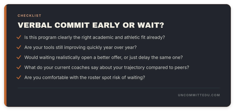 Checklist card of questions a recruit should answer before deciding whether to verbally commit early