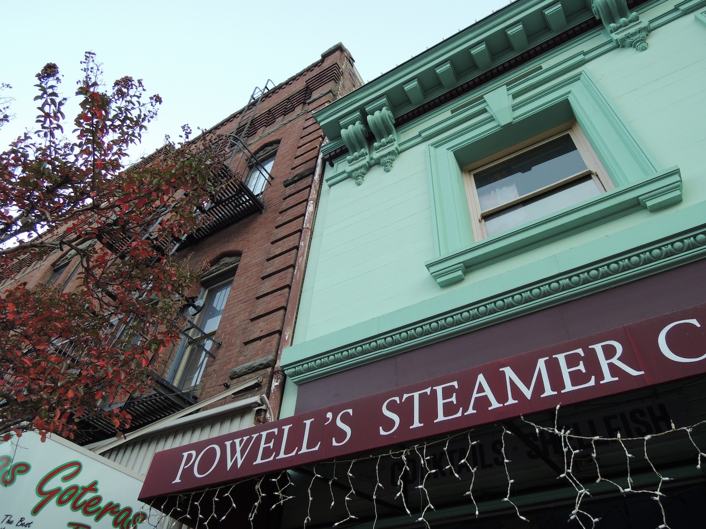 A detail of two buildings in the previous shot.