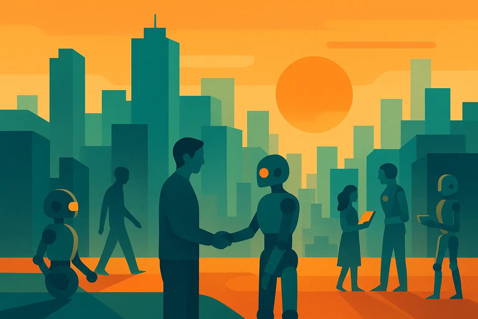 Abstract minimalist art of a futuristic city where robots assist humans at sunset.