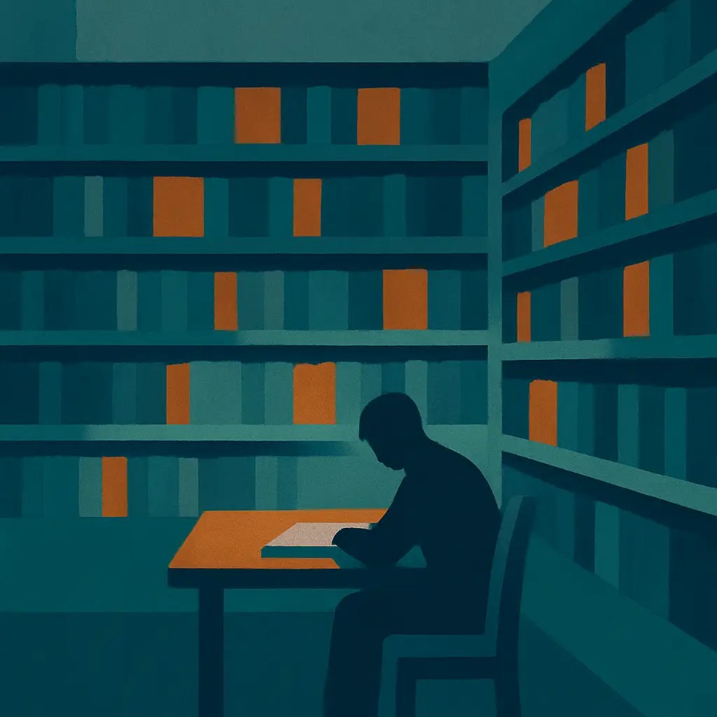 Abstract minimalist art of a person studying in a vast library.