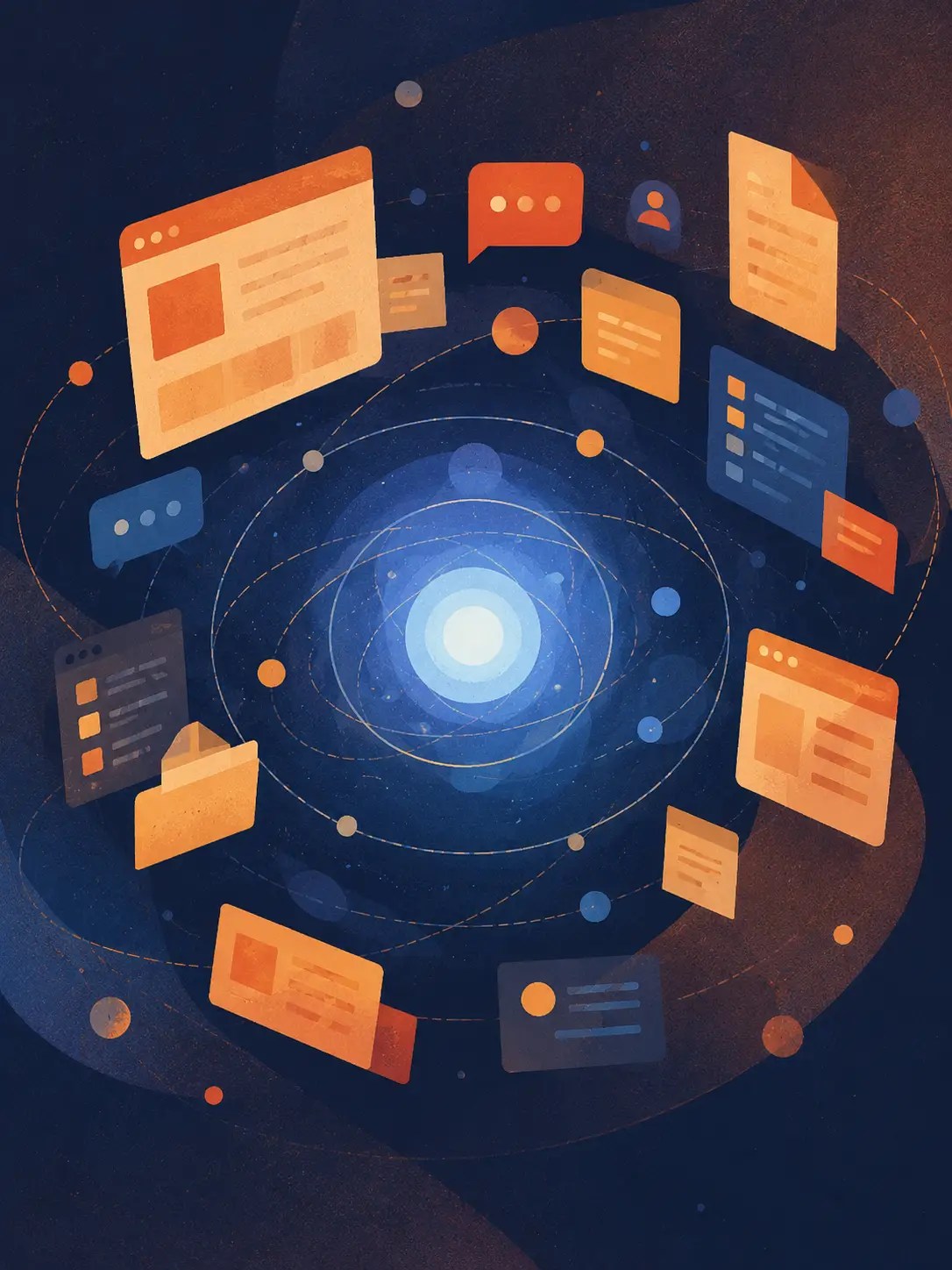 Abstract illustration of notes, files, chat bubbles, and digital panels orbiting a glowing knowledge core for The Second Brain Project by Uncultured AI.