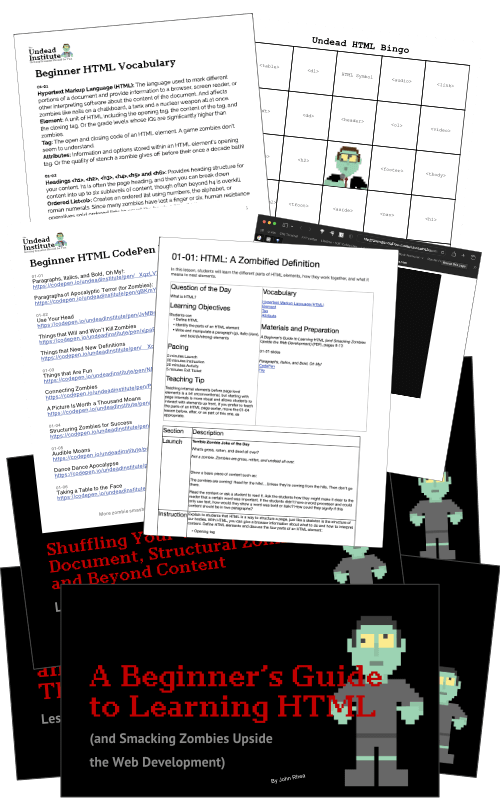 A fanned out display of the Beginner HTML slides, exercises, curriculum document, and other resources