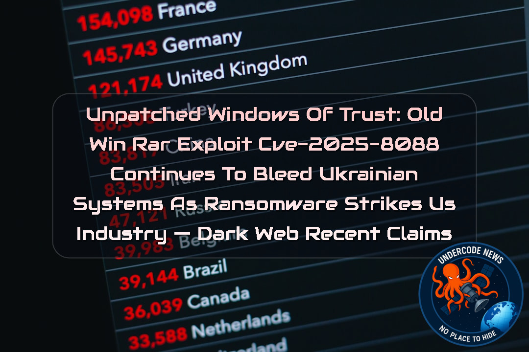 Unpatched Windows of Trust: Old WinRAR Exploit CVE-2025-8088 Continues to Bleed Ukrainian Systems as Ransomware Strikes US Industry — Dark Web recent claims + Video