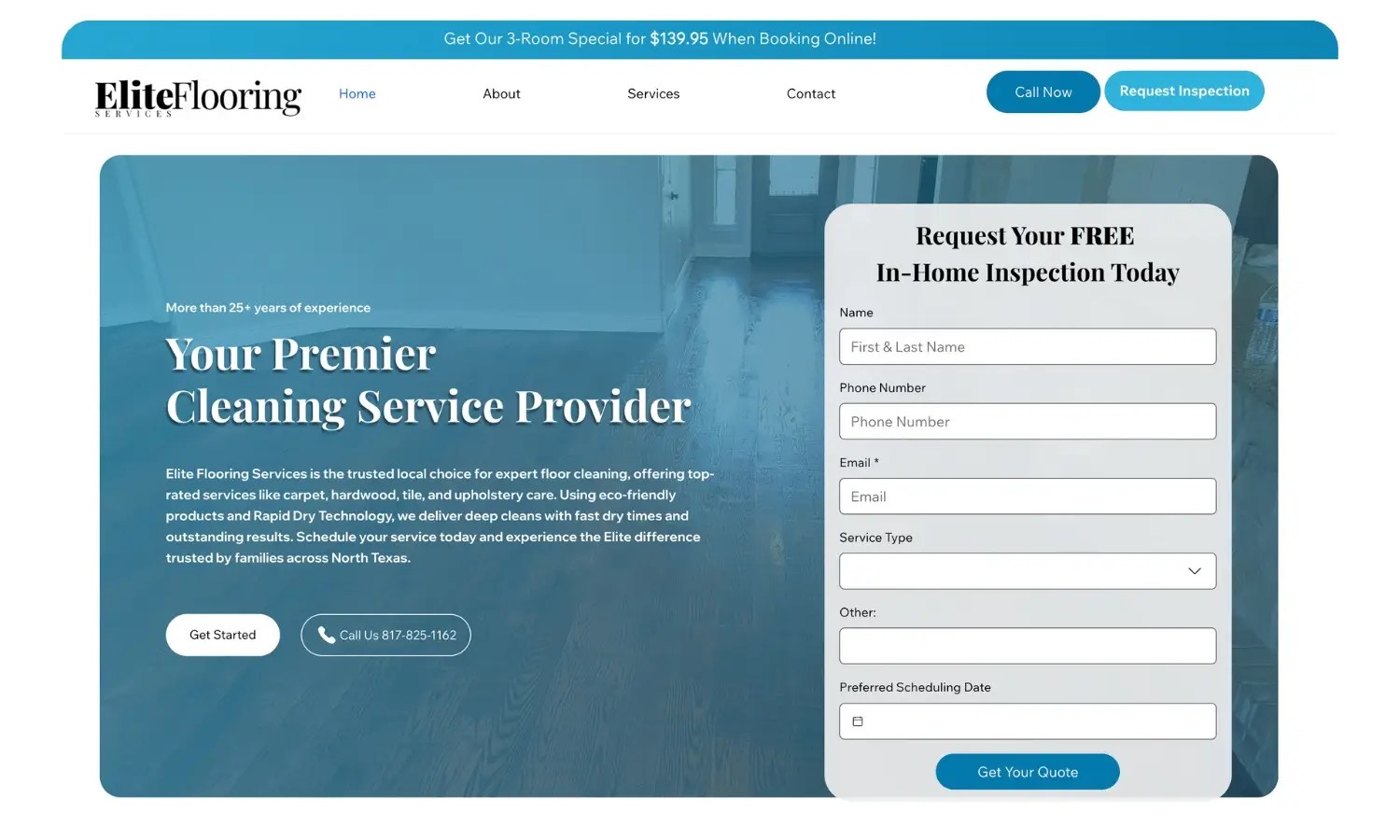 Elite Flooring Services website with a clear inspection inquiry form