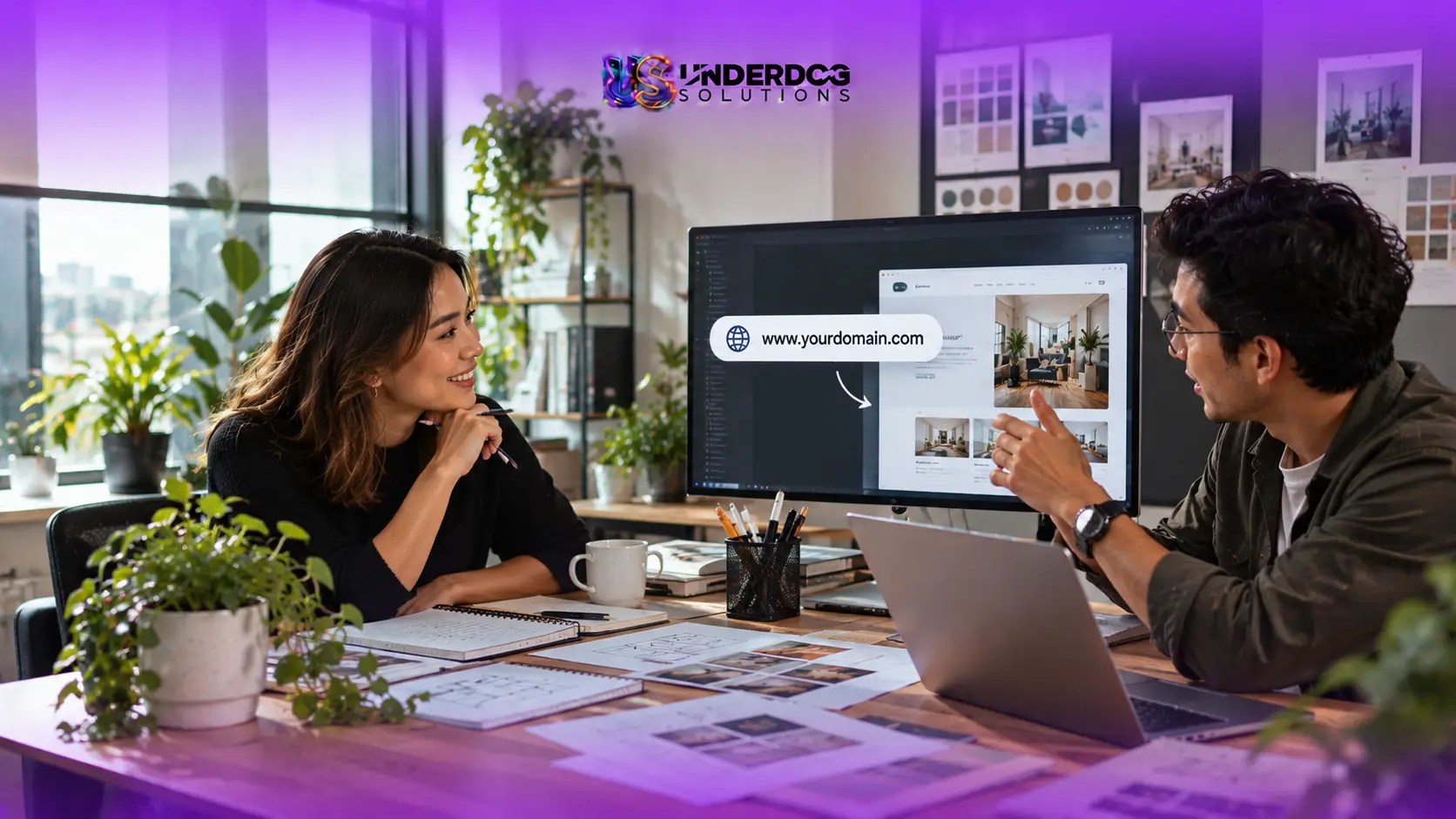 Underdog Solutions web design professionals discussing a website redesign while reviewing a website layout on a desktop monitor.
