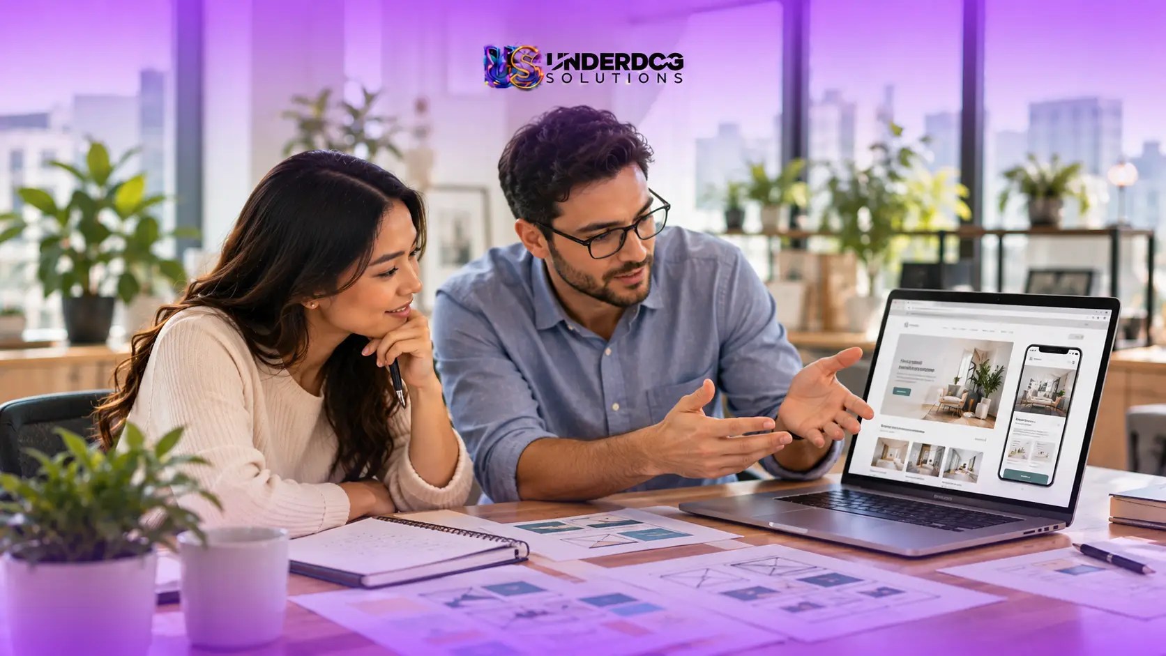 Underdog Solutions professionals reviewing a responsive website design on a laptop and smartphone to evaluate mobile usability and customer conversion opportunities.