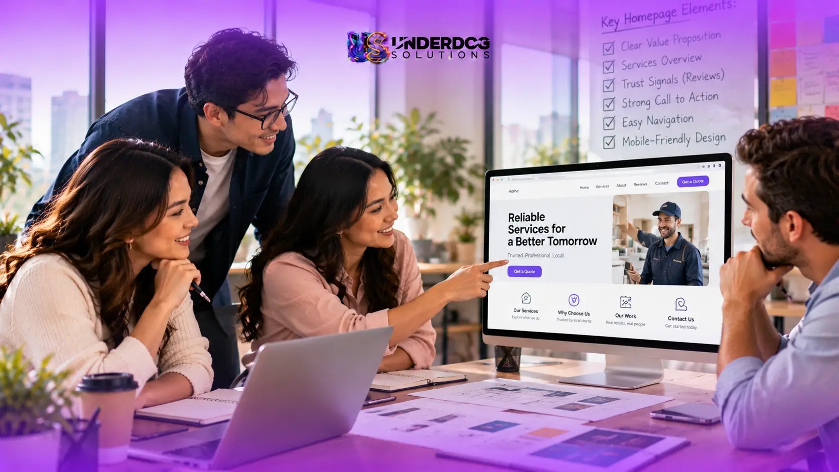 Underdog Solutions team reviewing a service business homepage design on a desktop monitor, focusing on clear messaging, service information, customer reviews, and prominent calls to action.