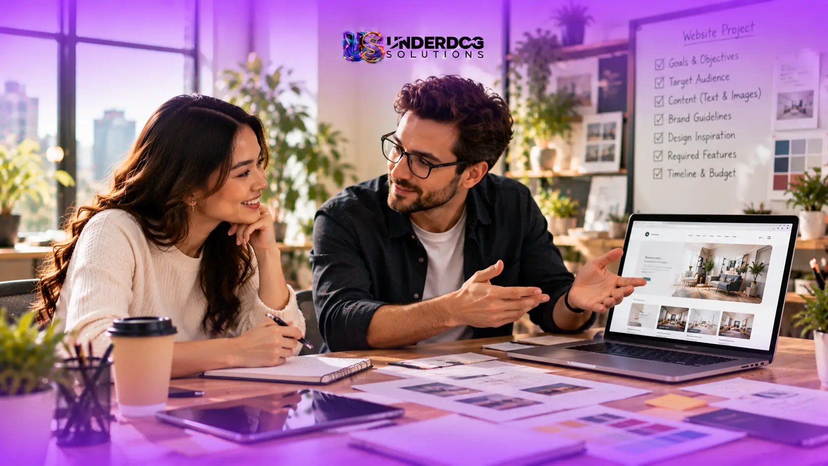 Underdog Solutions web designer discussing website layouts and project requirements with a client while reviewing design mockups on a laptop.