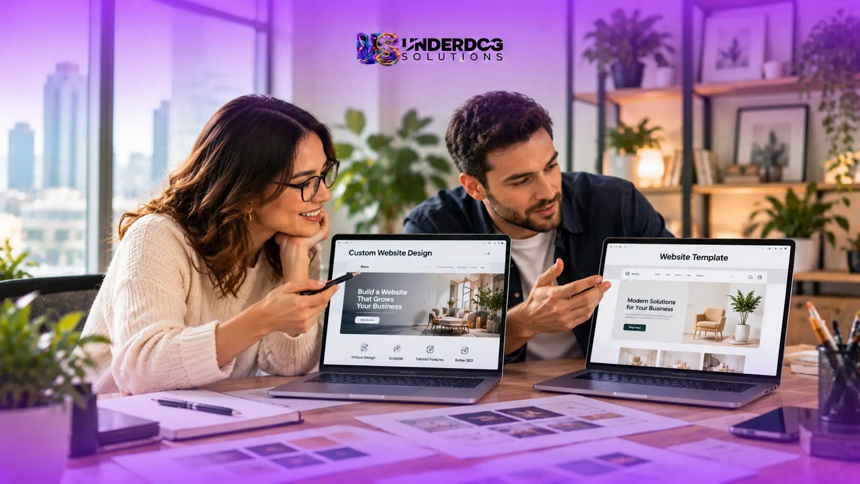 Underdog Solutions professionals comparing custom website design and website template options on two laptops in a modern office.