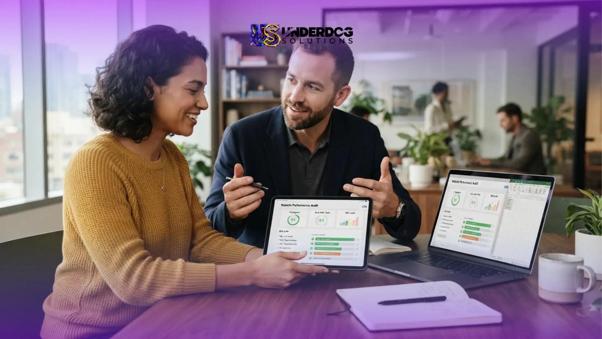 Small business owners reviewing website performance metrics and analytics before investing in a website redesign.