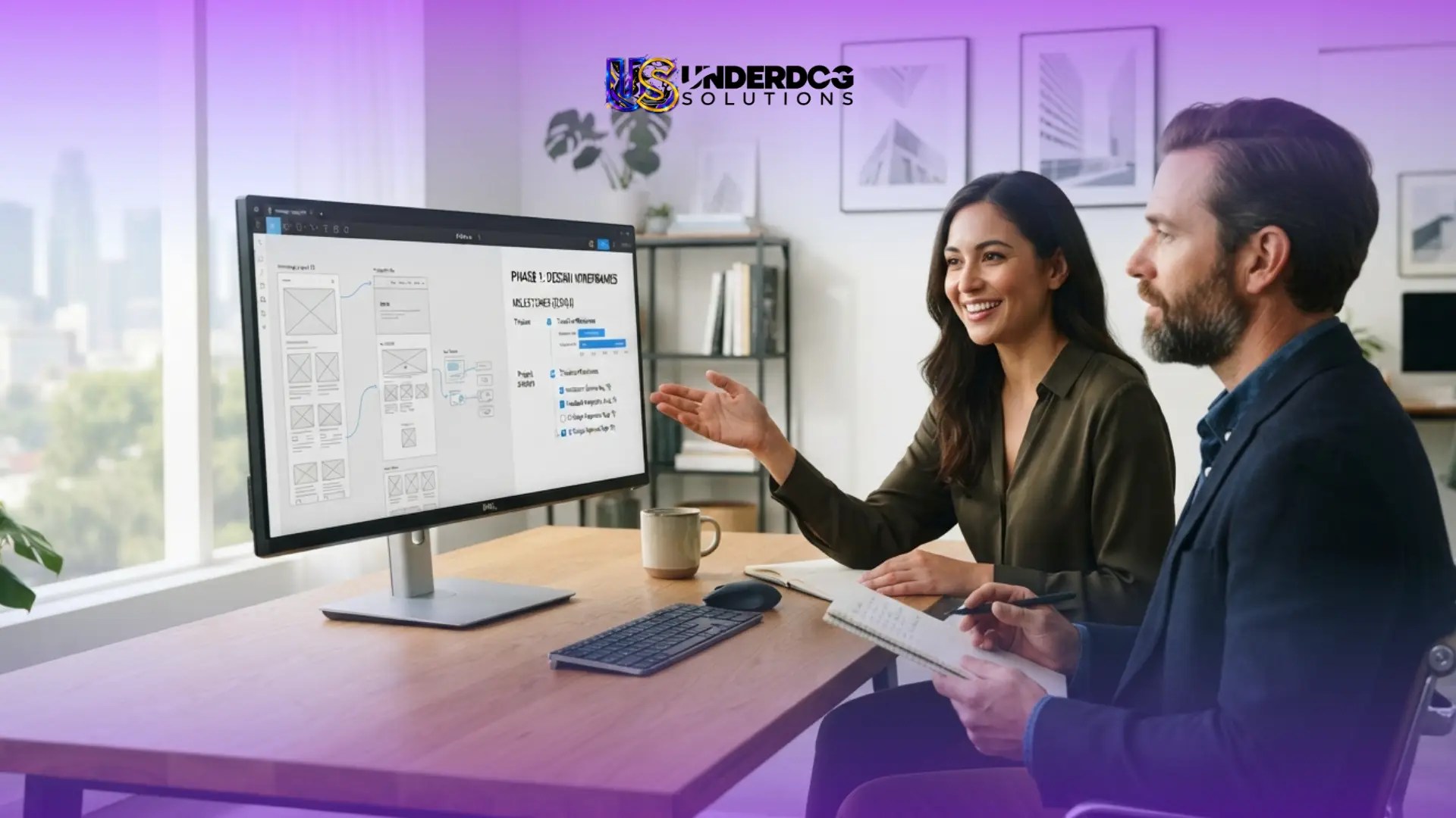 Small business website design consultation with professionals reviewing a website layout on a computer monitor.