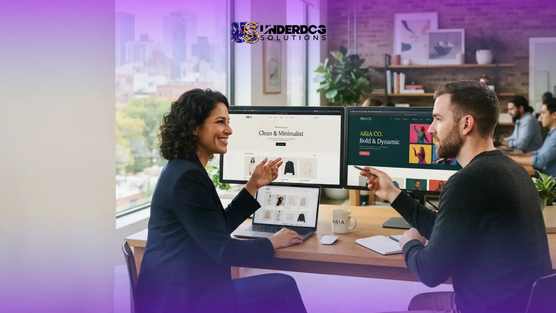 Website design consultation showing two professionals reviewing small business website layouts.