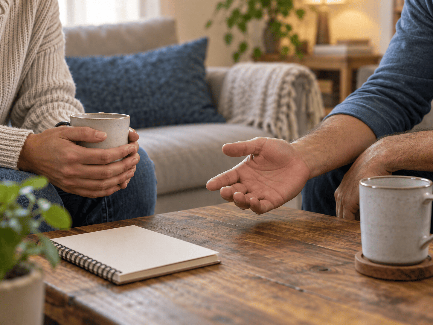 A person holds a mug as another gestures across a table with a blank notebook.