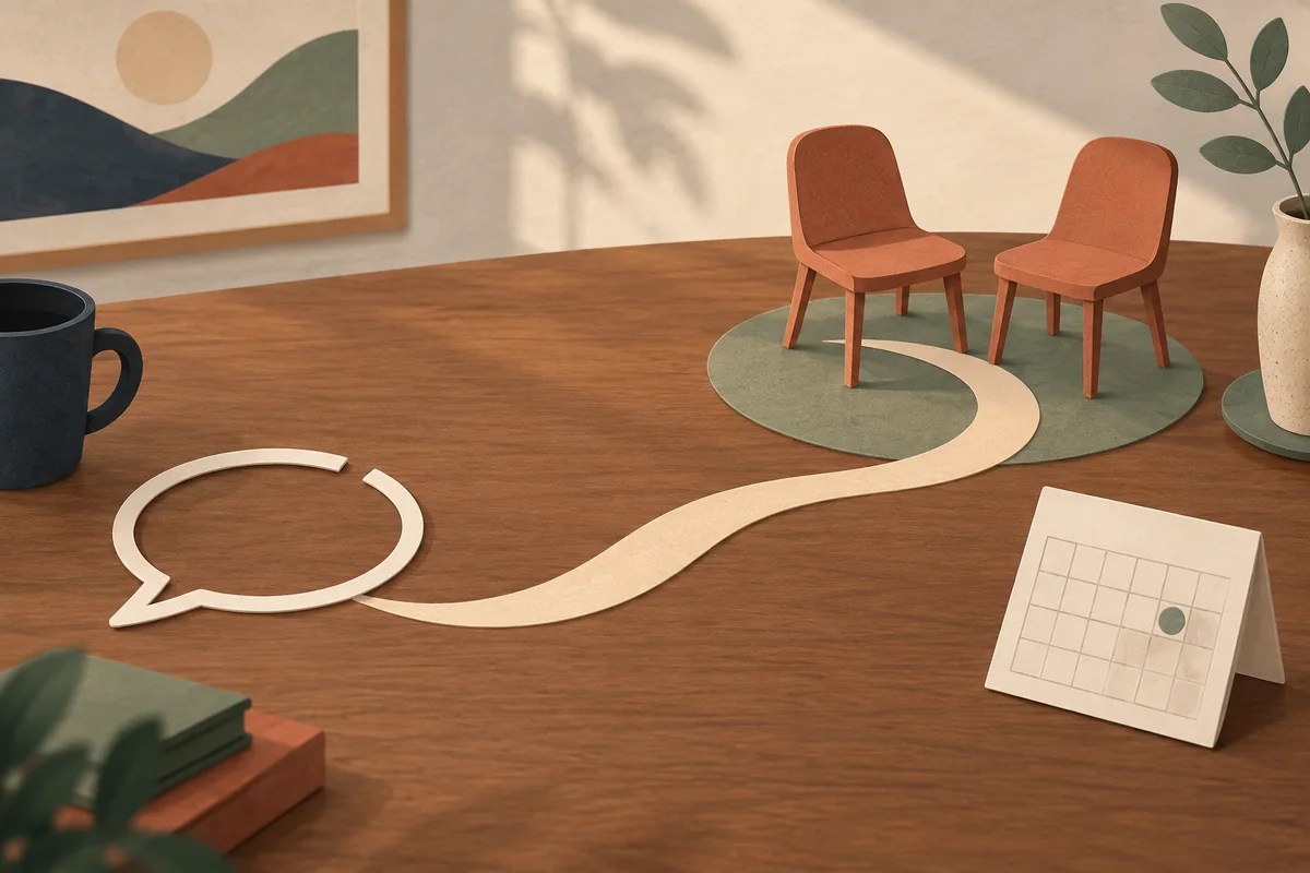 When He Acts Normal After an Argument: Reconnecting With Care 2 An unfinished conversation bubble leads by a curved path toward two chairs and a blank check-in calendar.