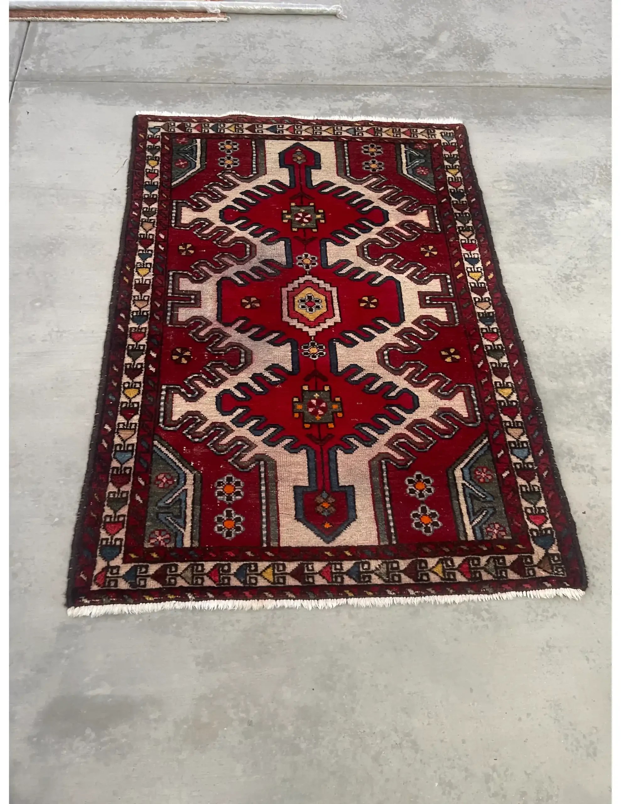 Traditional red patterned rug featuring geometric designs and floral motifs on a light background.