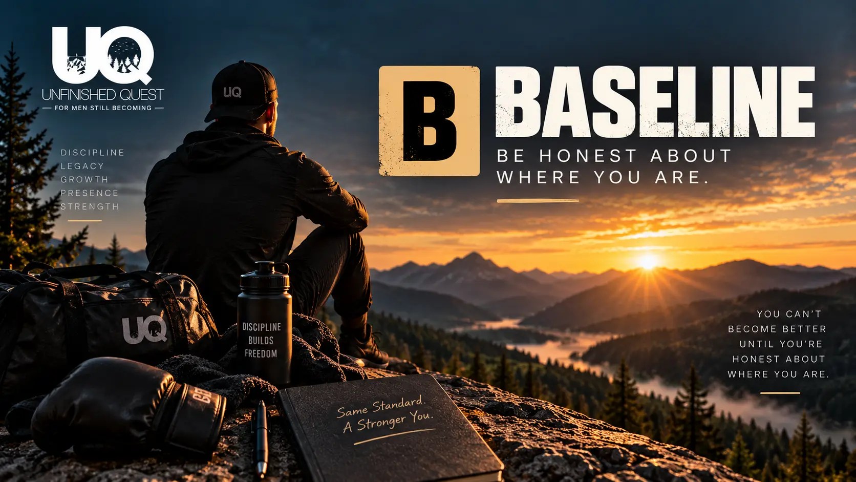 B is for Baseline — Unfinished Quest B.E.T.T.E.R. framework graphic: a man sitting on a mountain overlook at sunrise with the words "Be honest about where you are."