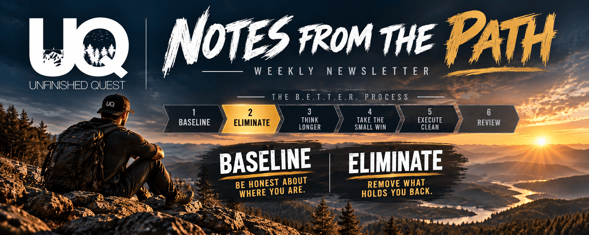 Notes from the Path weekly newsletter banner: Baseline and Eliminate, steps one and two of the B.E.T.T.E.R. Process, with a hiker overlooking a sunset valley