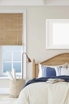 wood elements and blue bedroom with tan walls