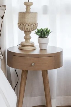 a side table with a lamp and a plant