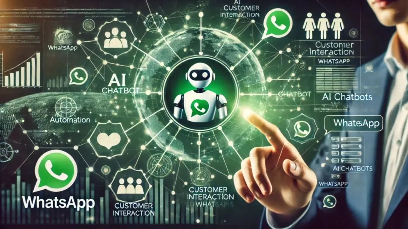 Person interacting with a digital interface showcasing WhatsApp AI chatbot for customer support and automation.