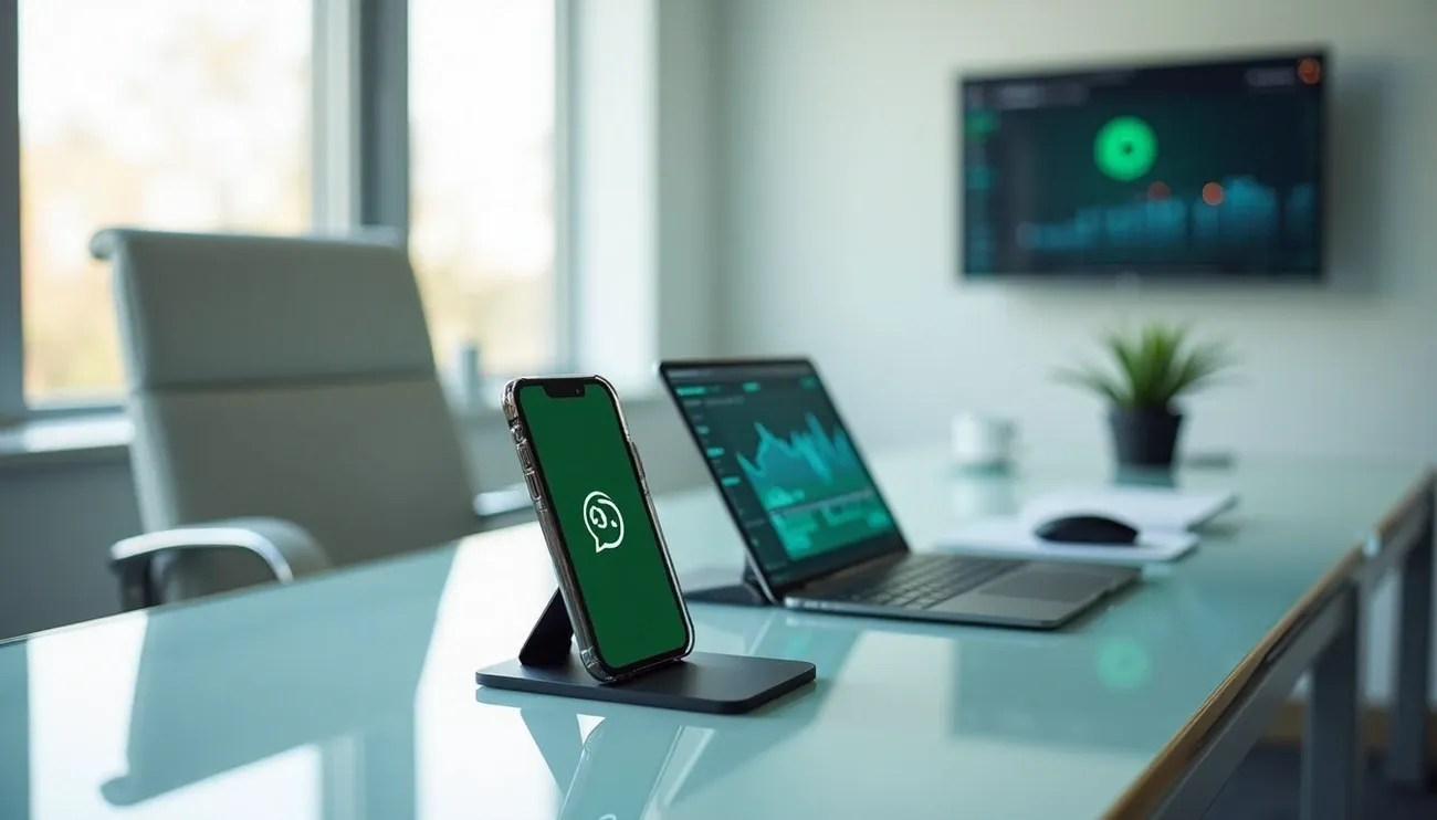 Smartphone with Meta messaging app and laptop displaying data charts on a modern office desk in a bright room.